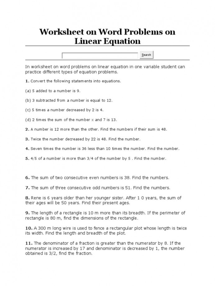 Linear Equation Word Problems Worksheet Pdf Printable PDF Template