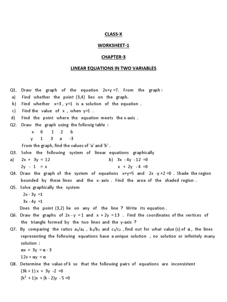Linear Equations In 2 Variables Worksheet 8 PDF Equations 