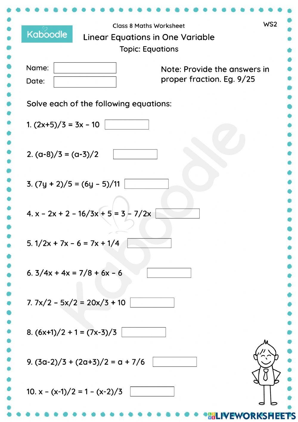 Linear Equations In One Variable Equations Interactive Worksheet 
