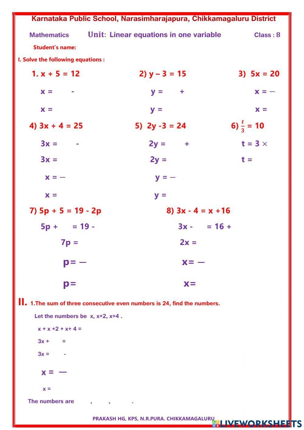 Linear Equations In One Variable Live Worksheets Worksheets Library
