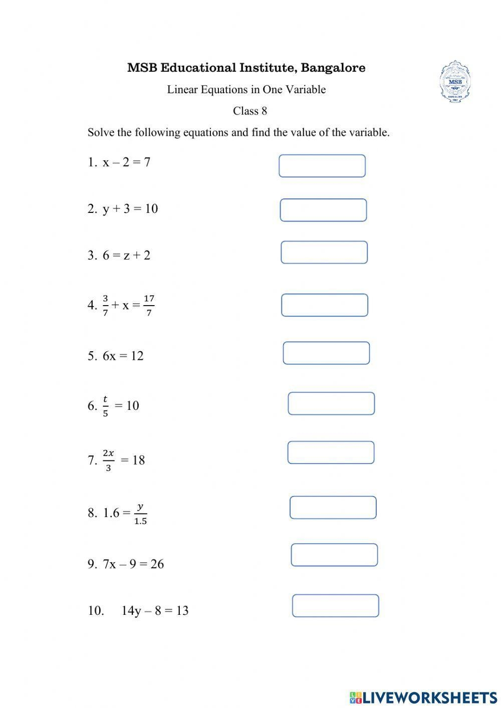 variable equations worksheet