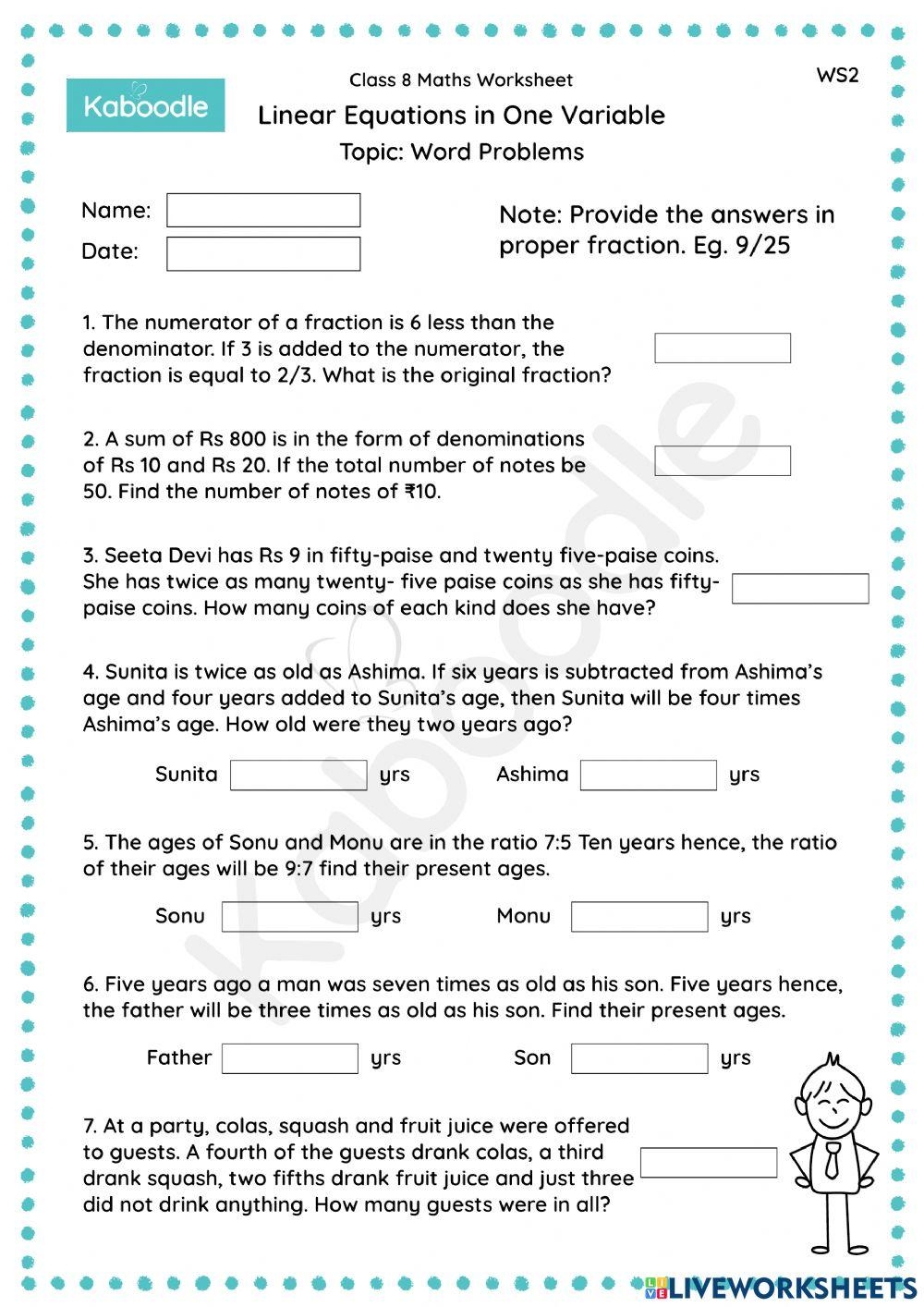 Linear Equations In One Variable Word Problems Interactive 