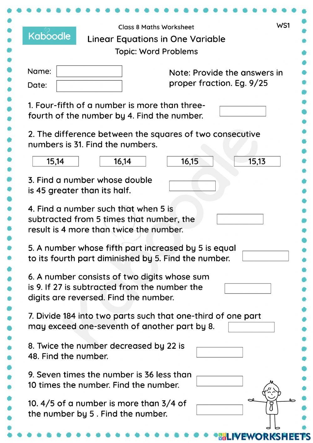 Linear Equations In One Variable Word Problems Worksheet Live 