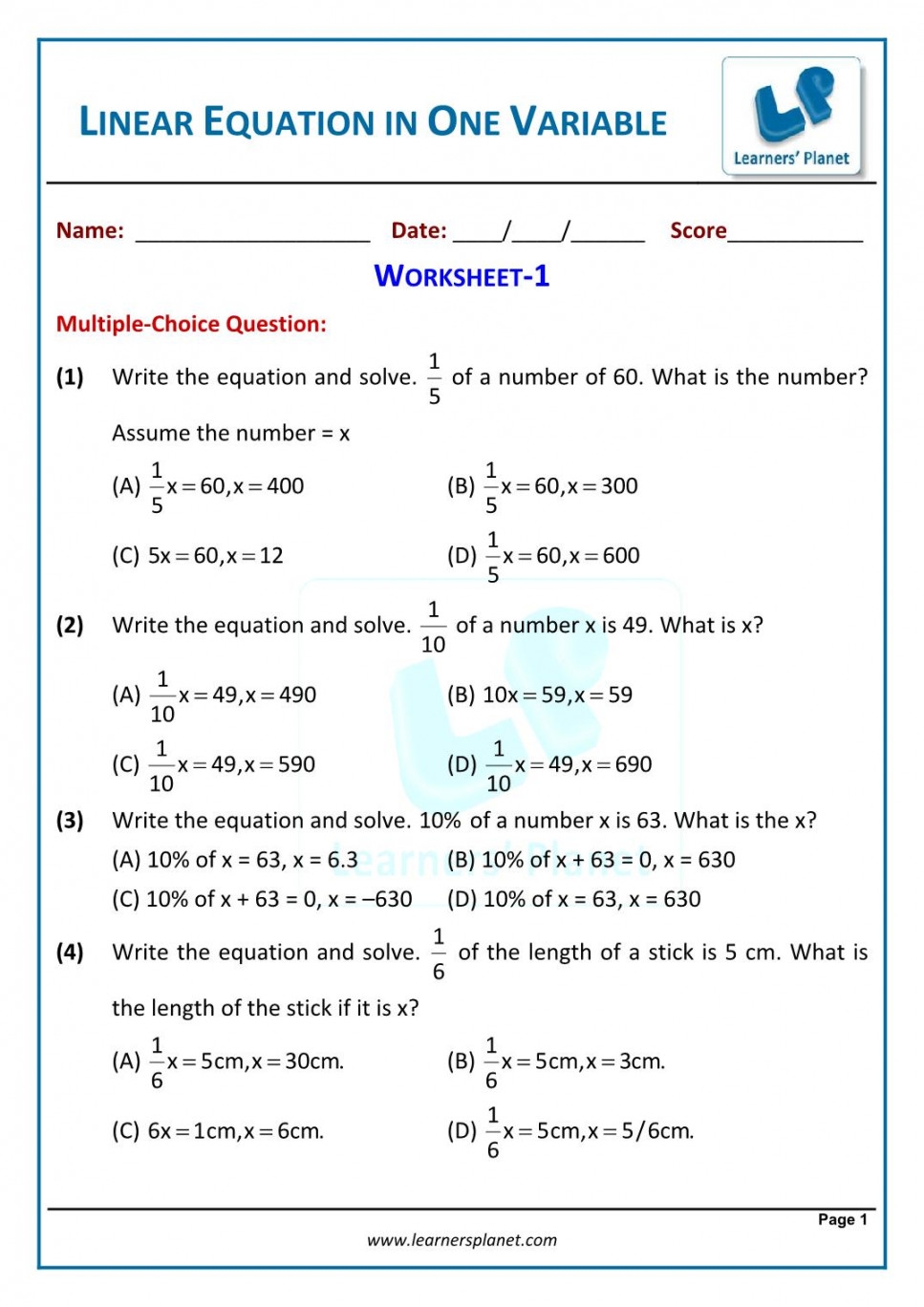 worksheet linear equations in one variable
