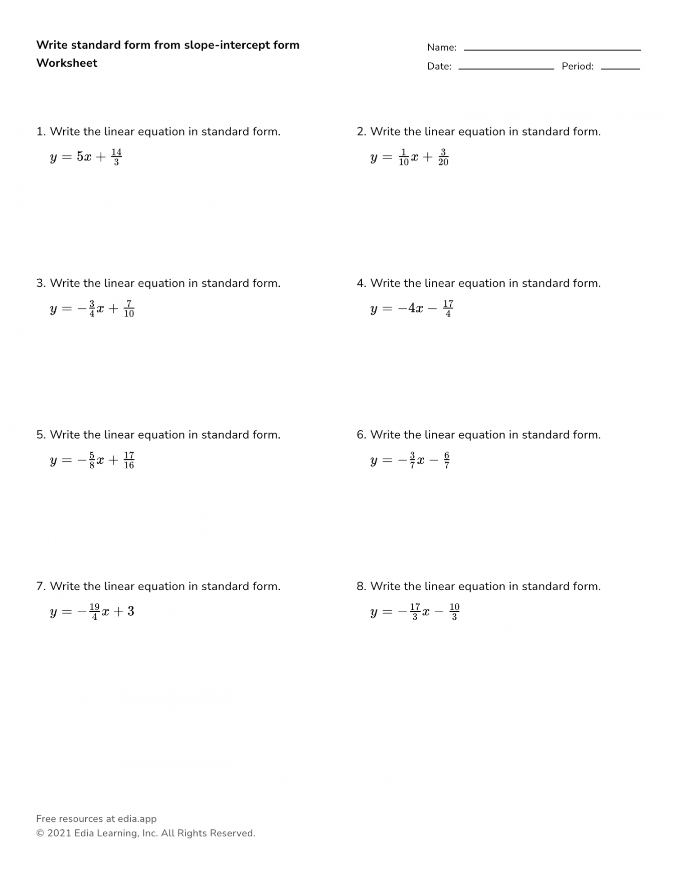 Linear Equations Standard Form Worksheet Printable PDF Template
