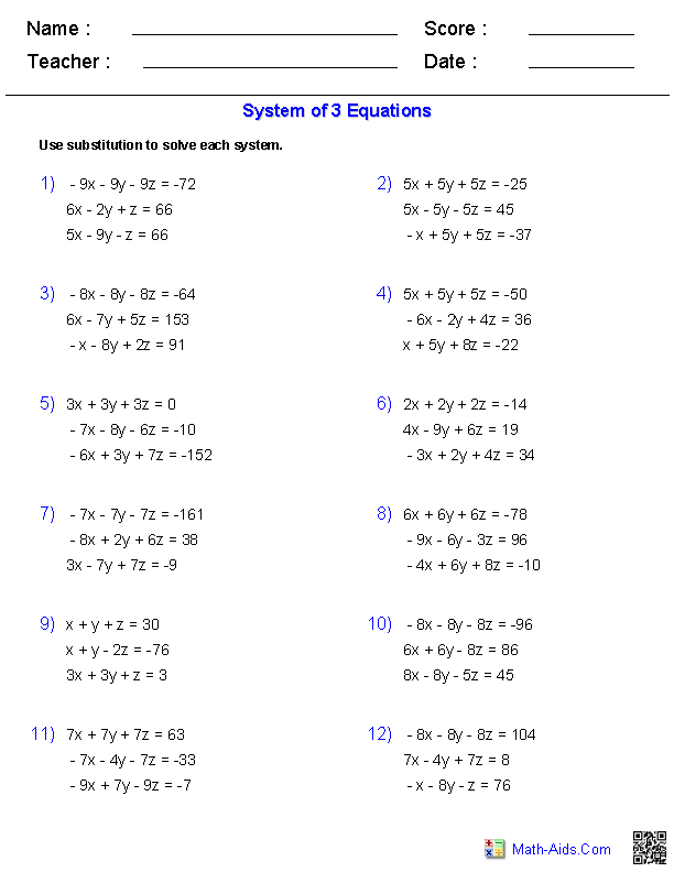 3 systems of equations worksheet