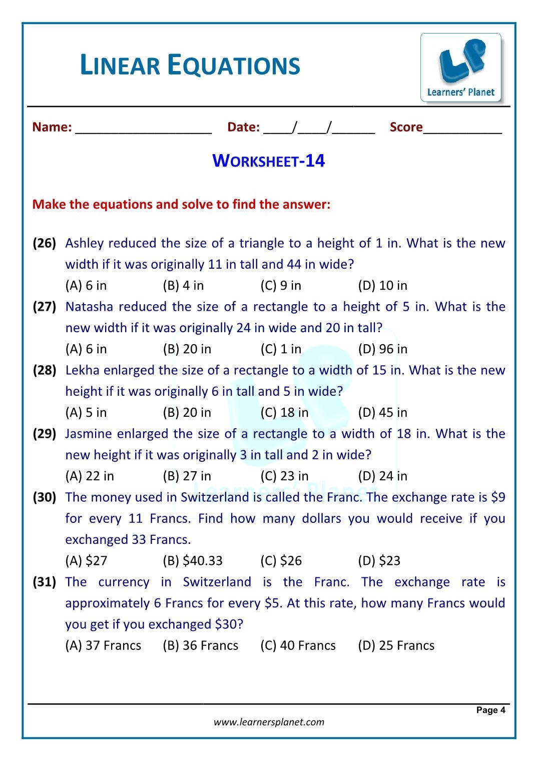 Linear Word Problem Worksheet E streetlight