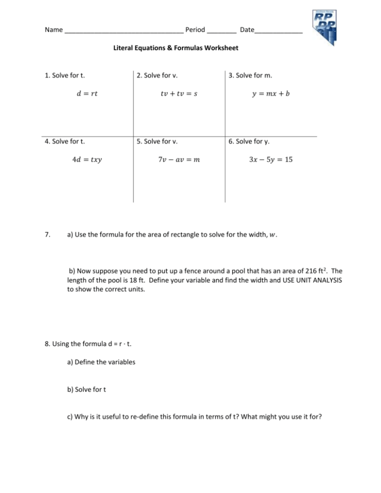 Literal Equations And Formulas Worksheet doc 
