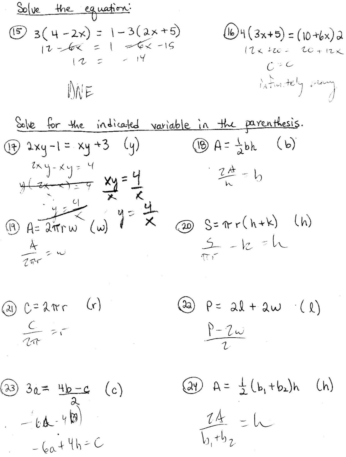 worksheet literal equations