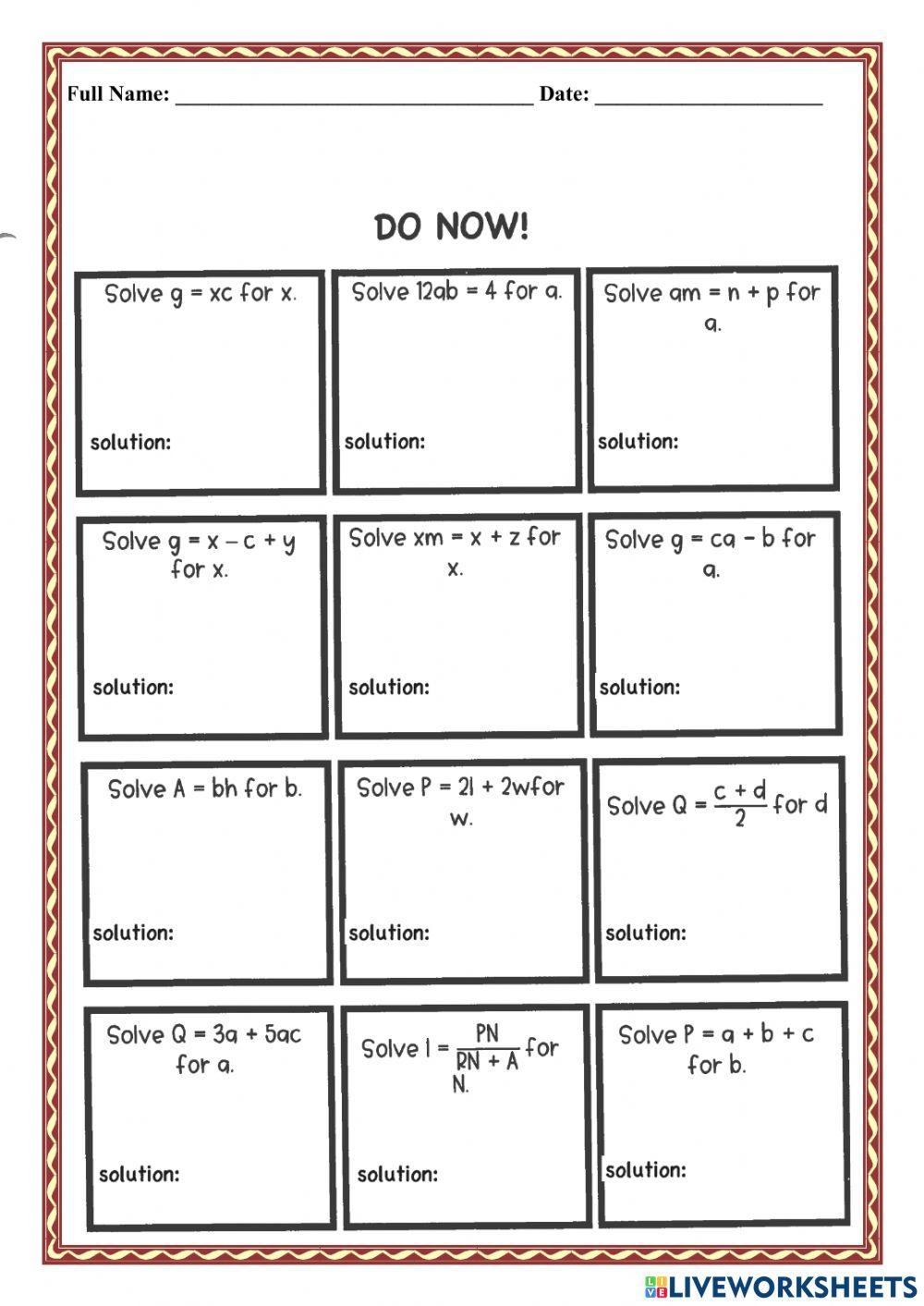 LITERAL EQUATIONS WORKSHEET Worksheet Worksheets Library