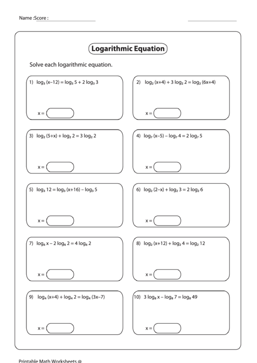 Logarithmic Equation Worksheet Printable Pdf Download