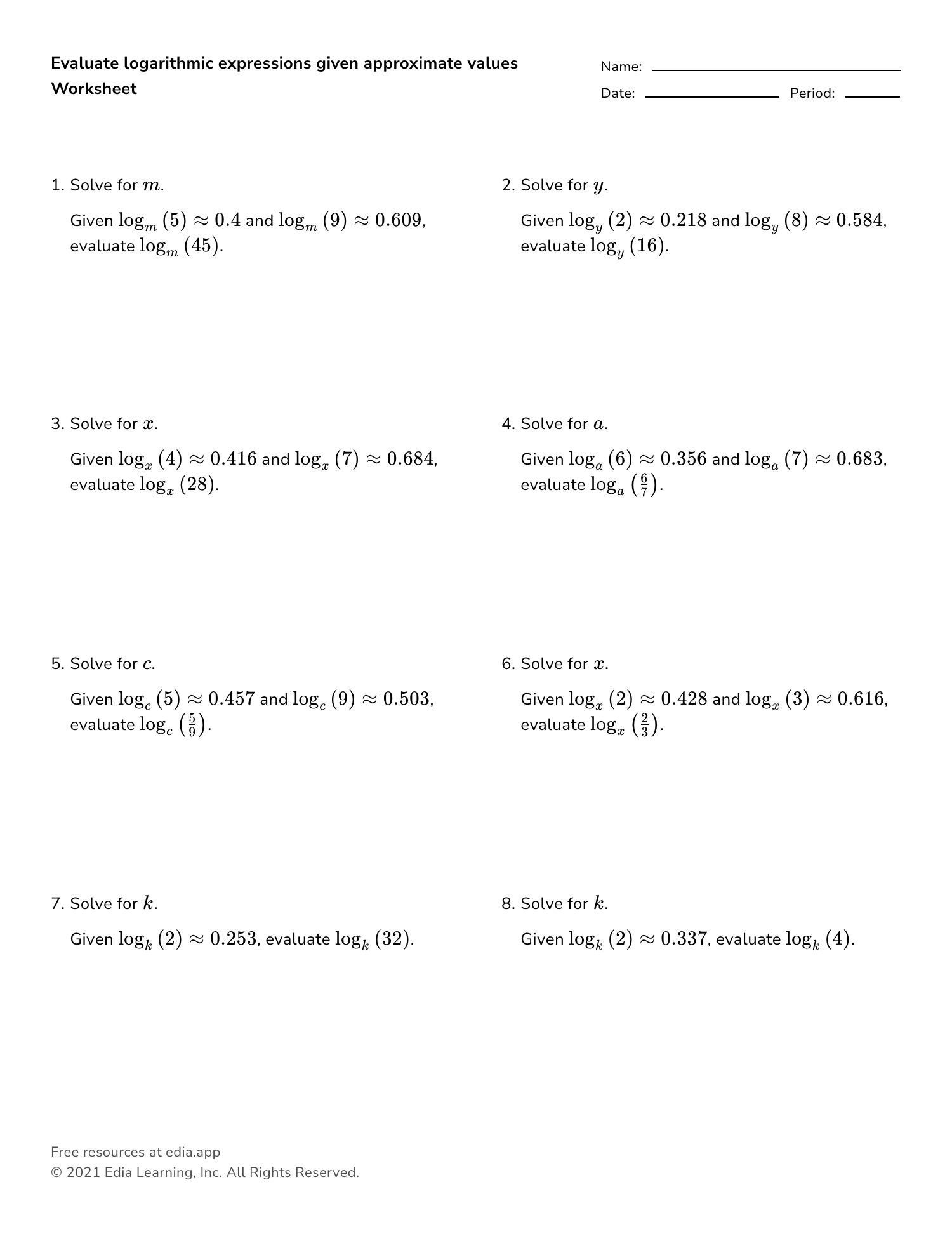 solving exp and log equations worksheet