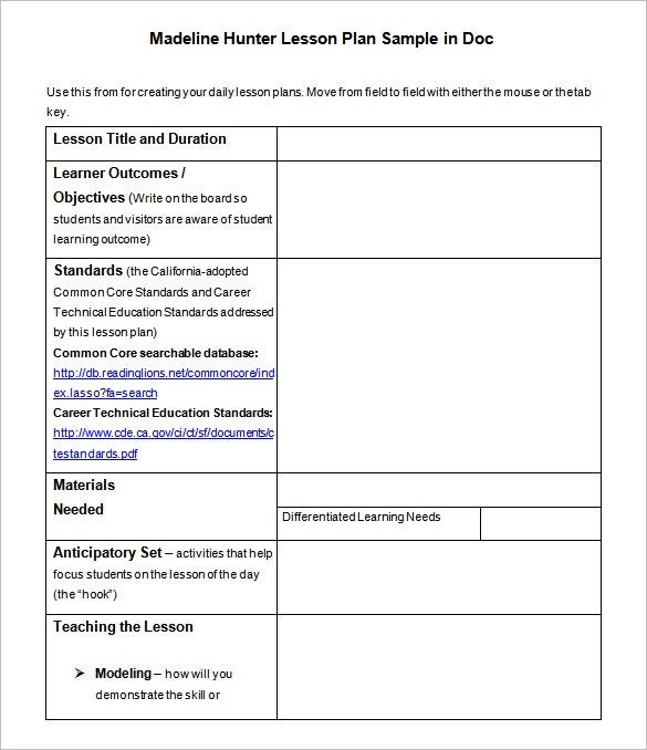 madeline hunter lesson plan format template