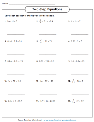 two step algebra equations worksheets