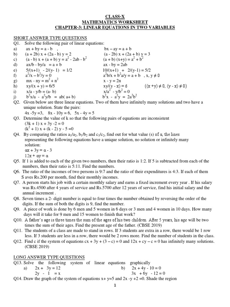 MATHEMATICS WORKSHEET ON LINEAR EQUATIONS IN TWO VARIABLES PDF 