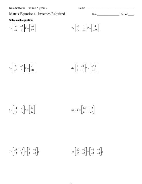 Matrix Equations 2 Kuta Software Worksheets Library