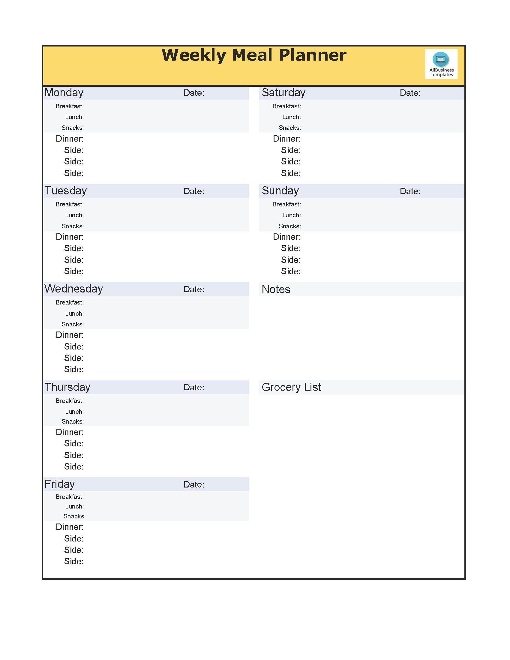 excel meal plan template