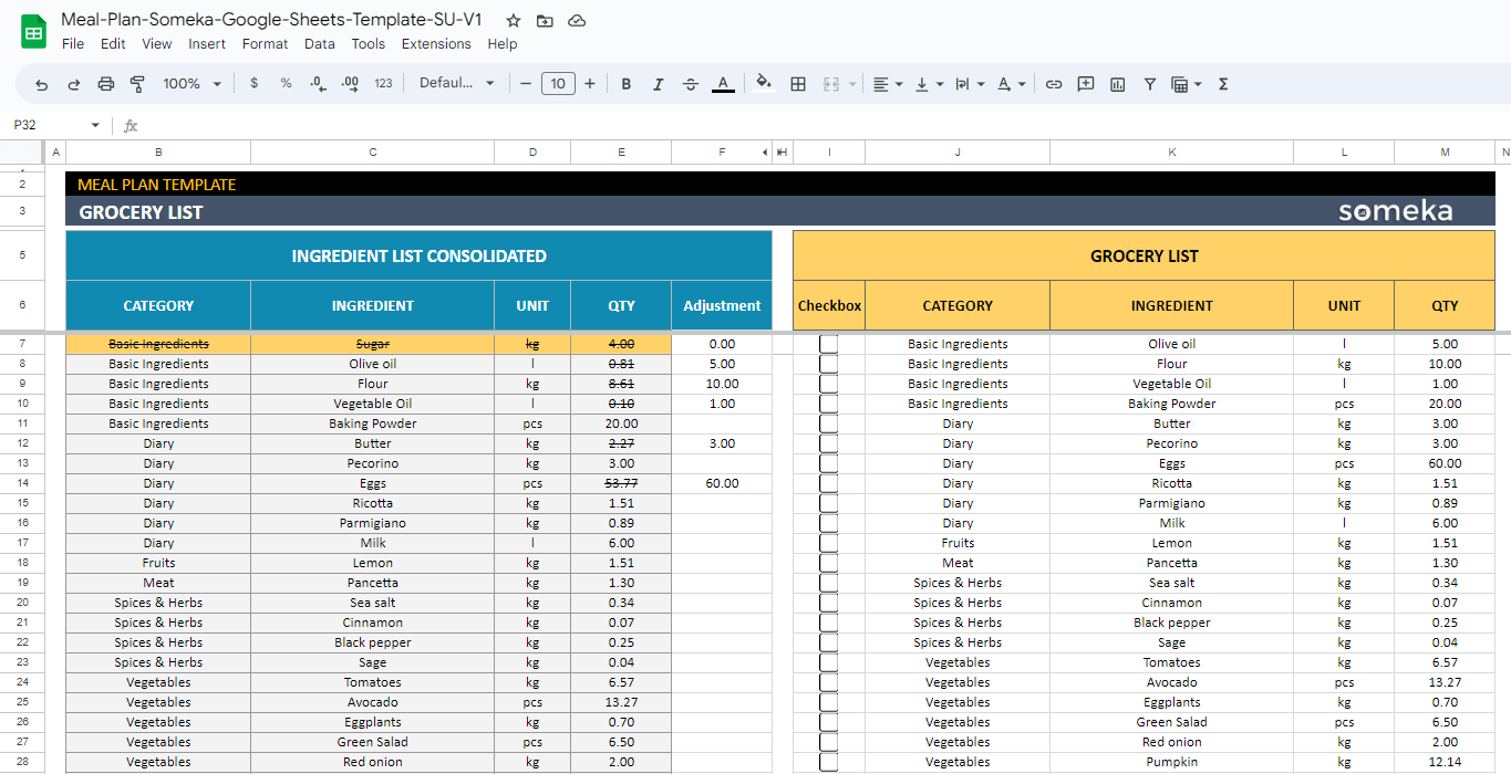 Meal Plan Template Google Sheets With Grocery List