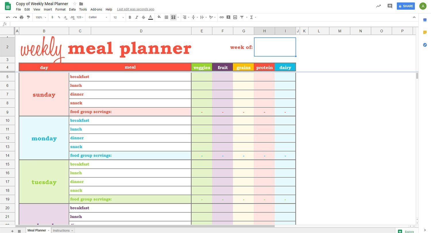 Meal Planning Google Sheets Template Printable Word Searches