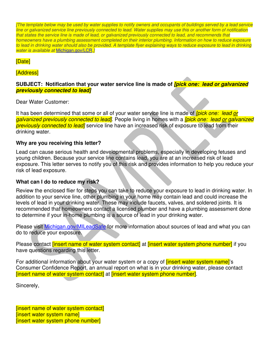 Michigan Template Notice Of Known Lead Service Line Sample Fill Out 