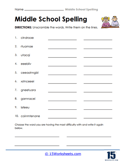 Middle School Spelling Worksheets 15 Worksheets