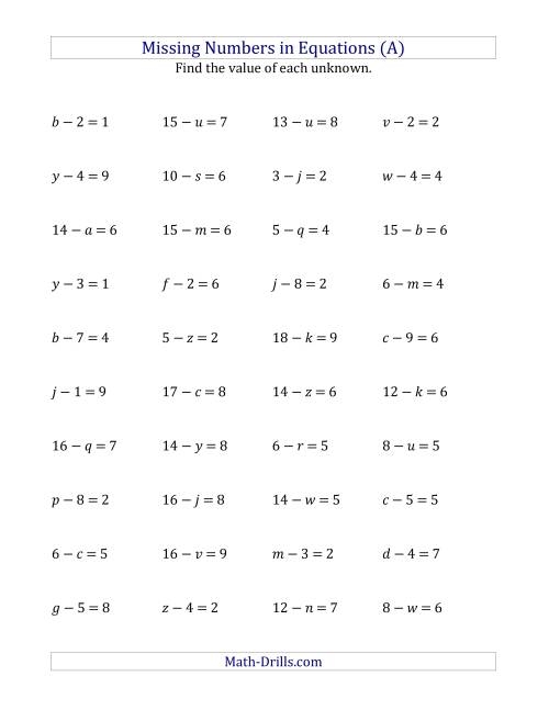 Missing Numbers In Equations Variables Subtraction Range 1 