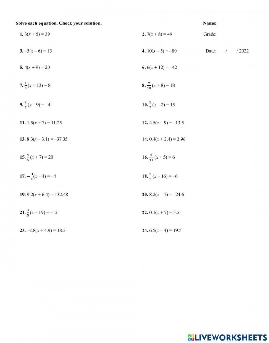 Multi Step Algebraic Equations Worksheet Martin Lindelof