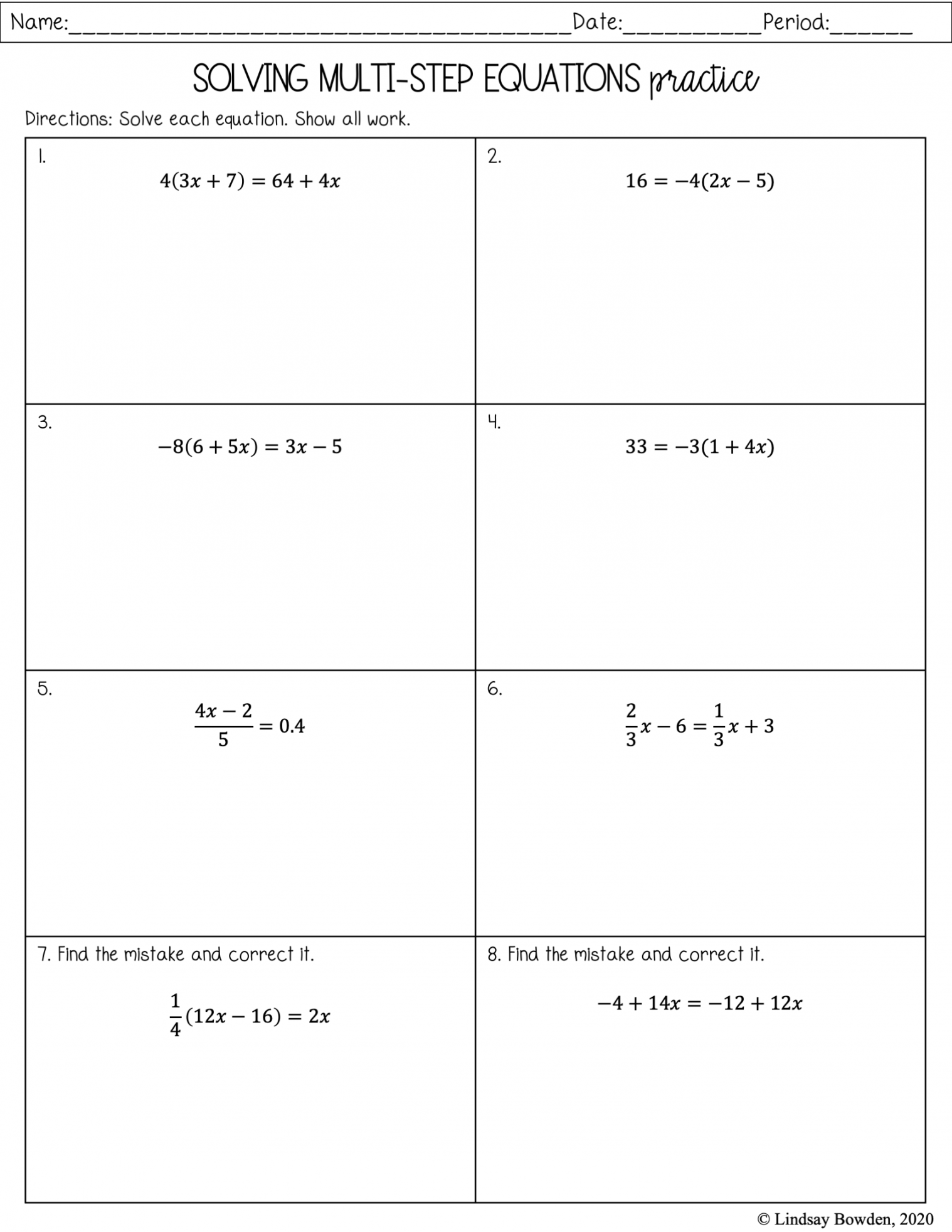 algebra multi step equations worksheet