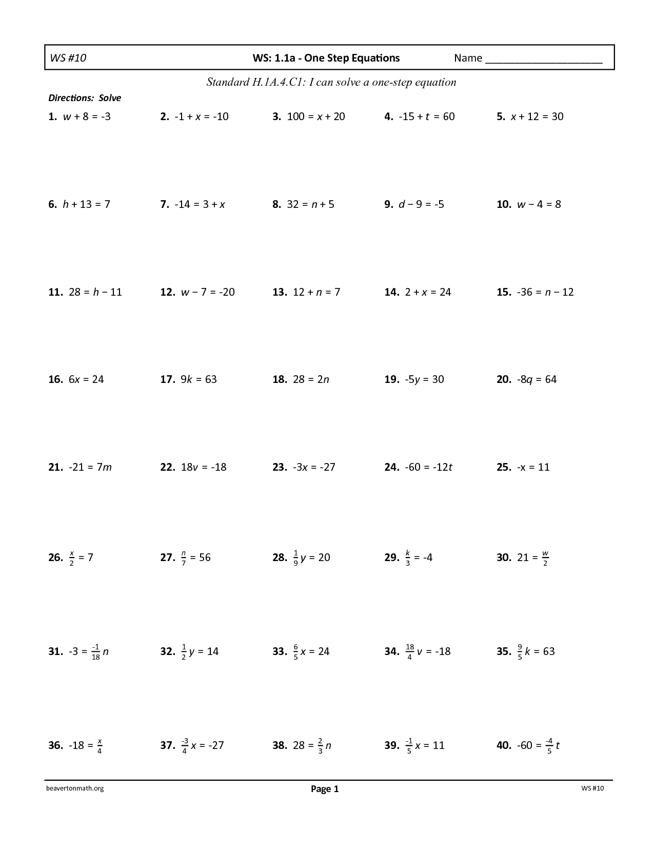 1 and 2 step equations worksheet