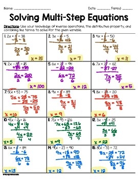multi step equations with distributive property worksheet