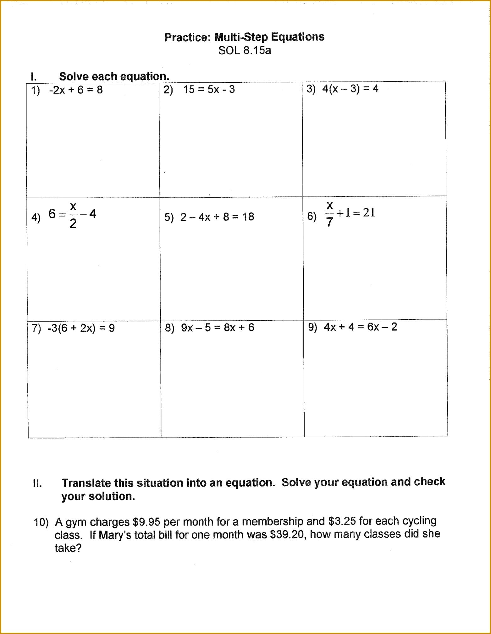 multi step equations with variables on both sides worksheet