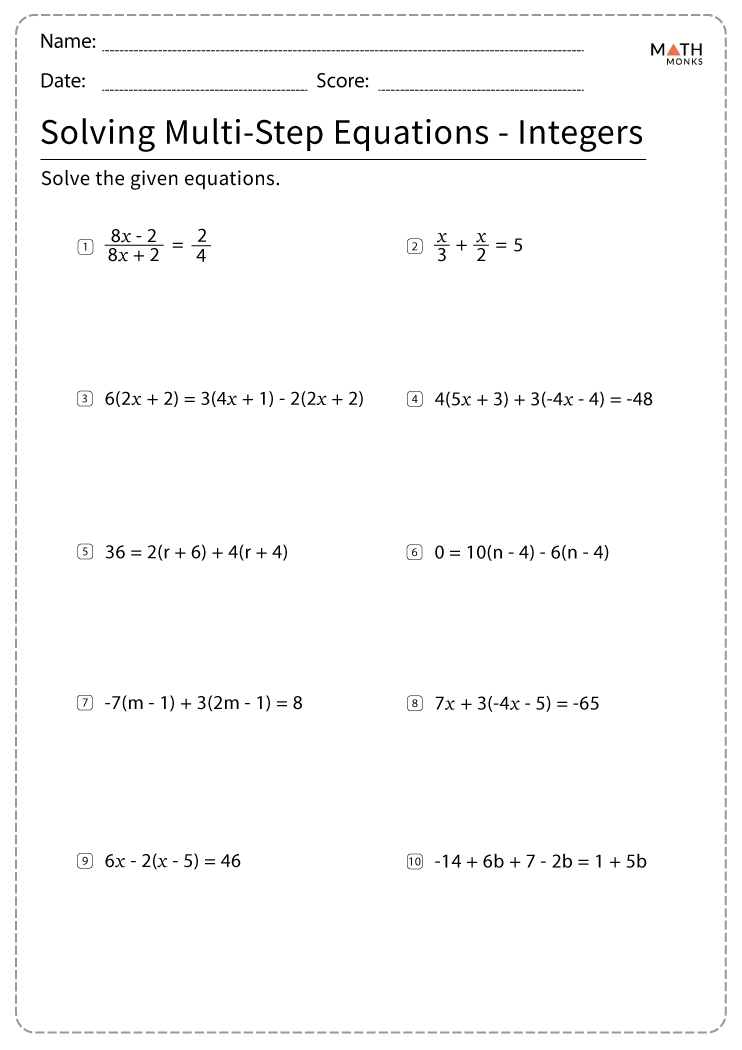 Multi Step Equations Worksheets Math Monks