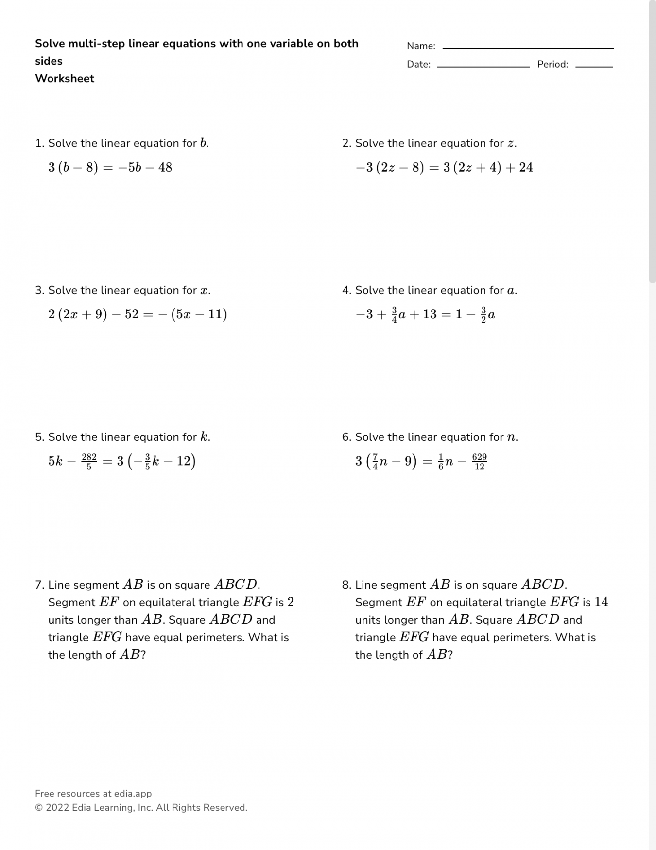 Multi Step Linear Equations Worksheet Printable PDF Template