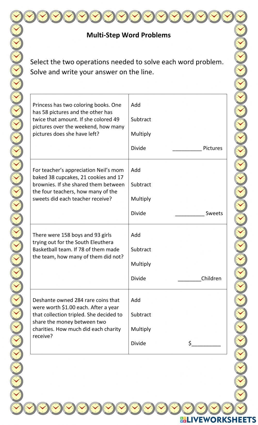 Multi Step Word Problems Interactive Worksheet Live Worksheets 