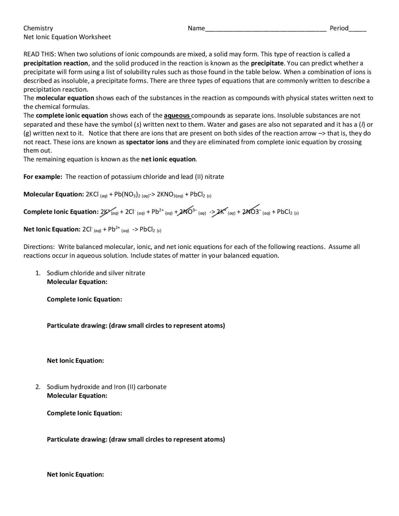 Net Ionic Equation Worksheet Answers Study Notes Chemistry Docsity 