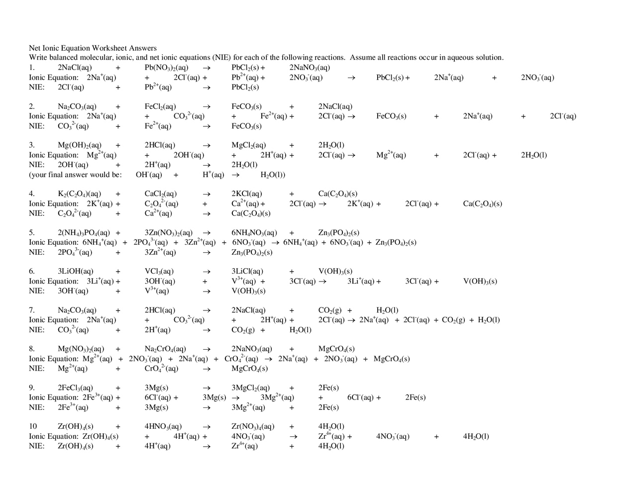 Net Ionic Equation Worksheet Answers Study Notes Chemistry Docsity 