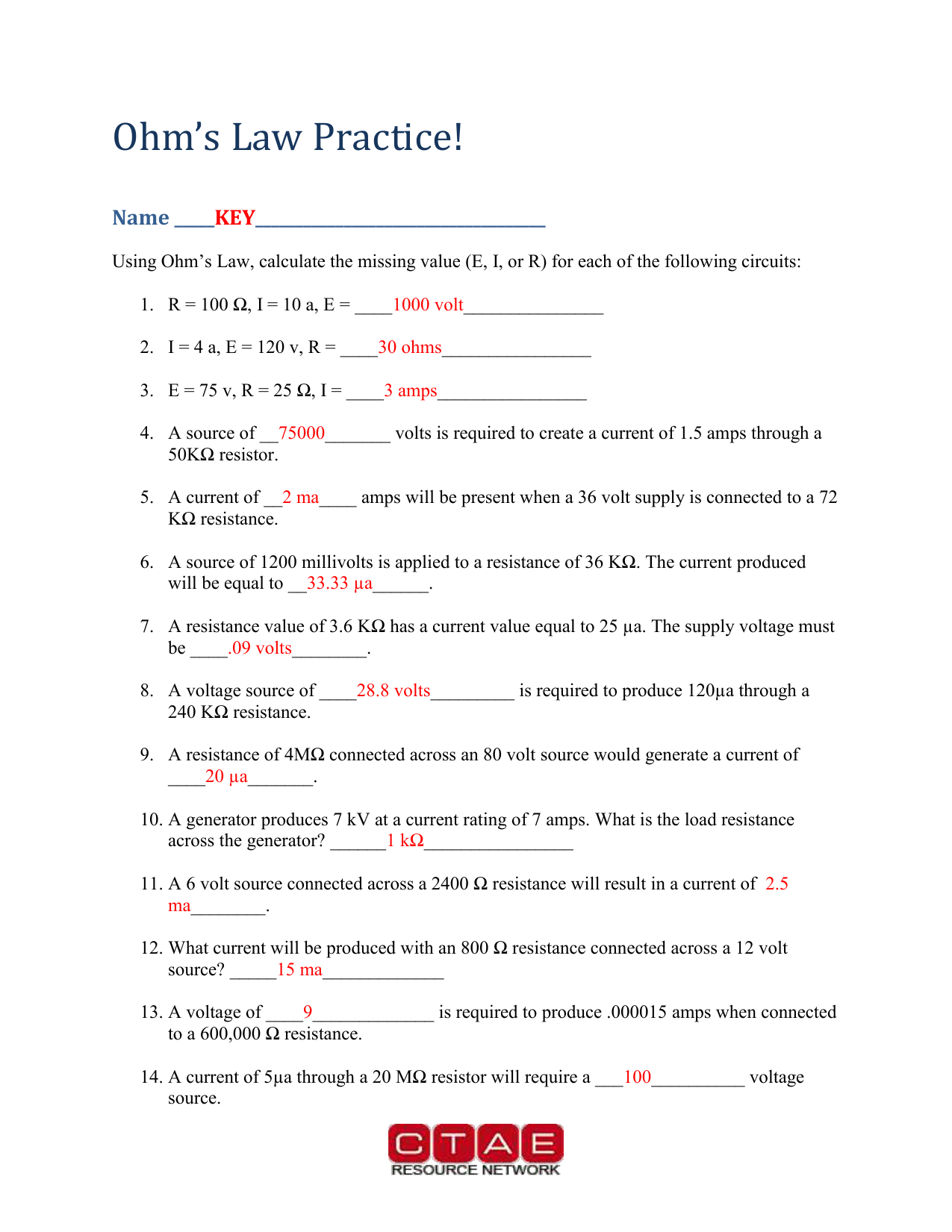 Ohm 39 s Law And Power Equation Practice Worksheet Answer Key Equations 
