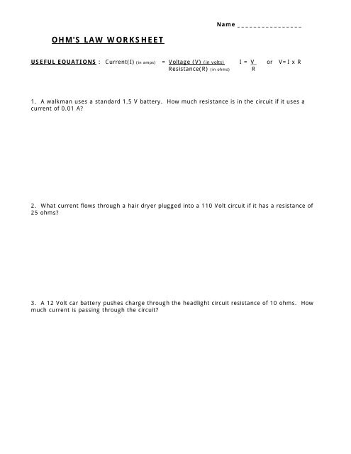 ohm's law and power equation practice worksheet