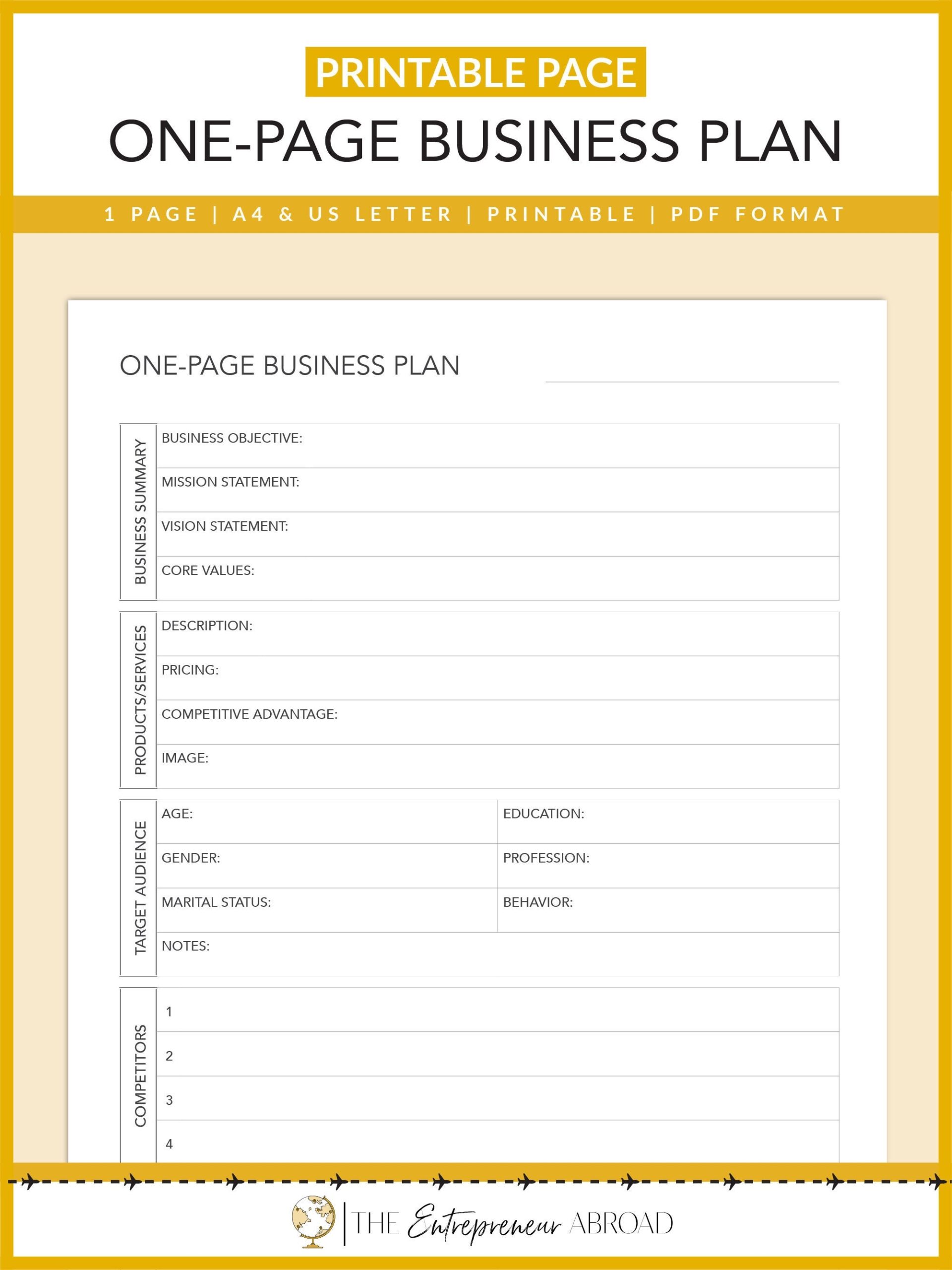 One Page Business Plan Template Pdf Printable Business Plan Etsy My 