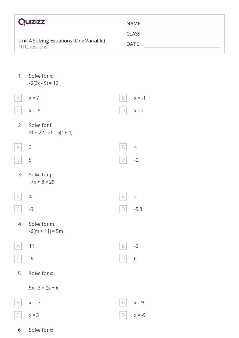 single variable equations worksheets