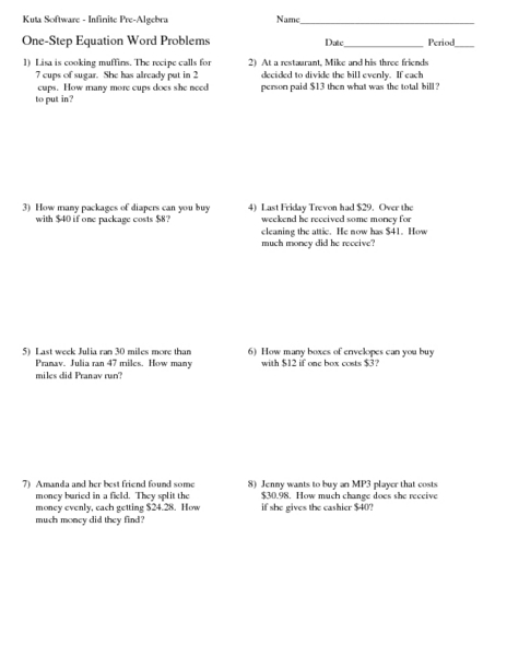 one step equation word problems worksheet