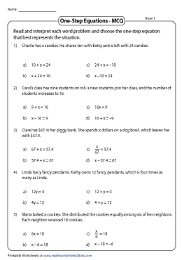 One Step Equation Word Problems Worksheets