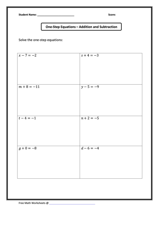 One Step Equations Addition And Subtraction Worksheet Answer Key 