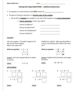 One Step Equations Addition And Subtraction Worksheet PDF FREE