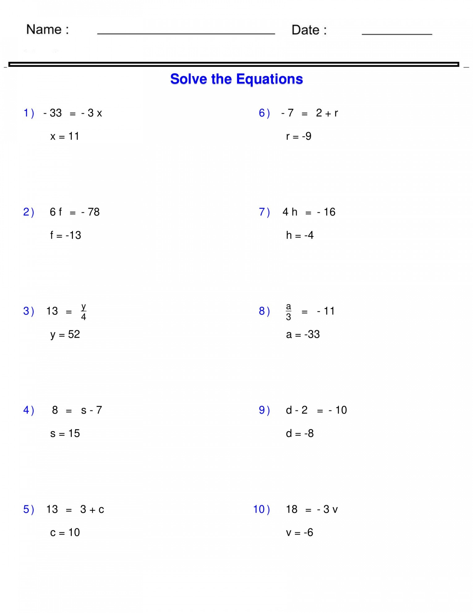 One Step Equations Integers Worksheet Printable PDF Template