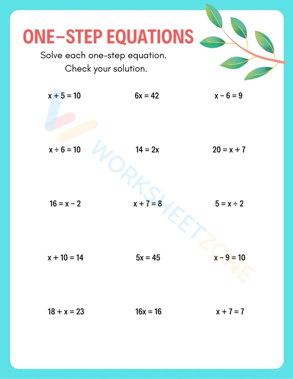 worksheet solving one step equations