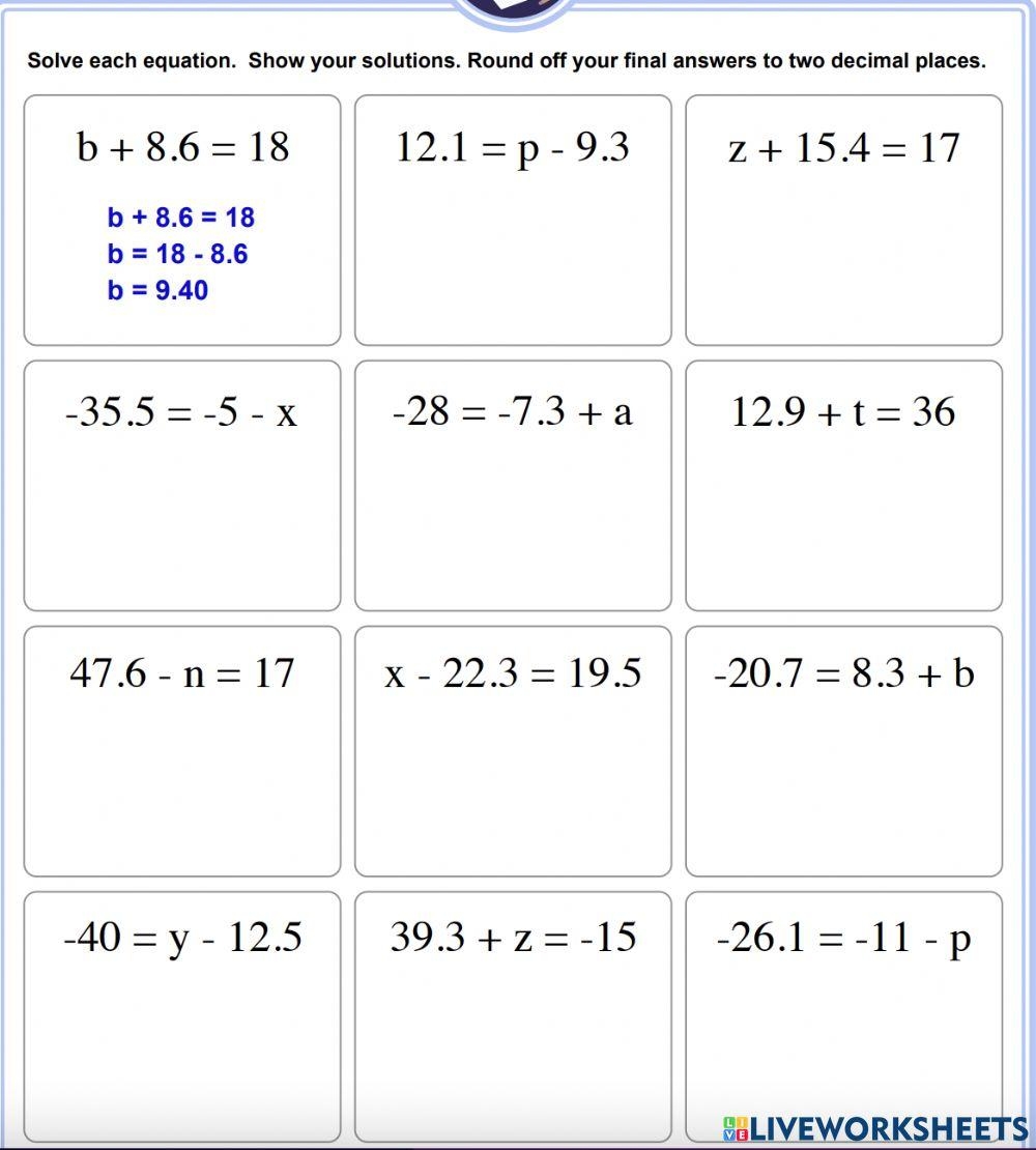 One Step Equations With Decimals addition Subtraction 