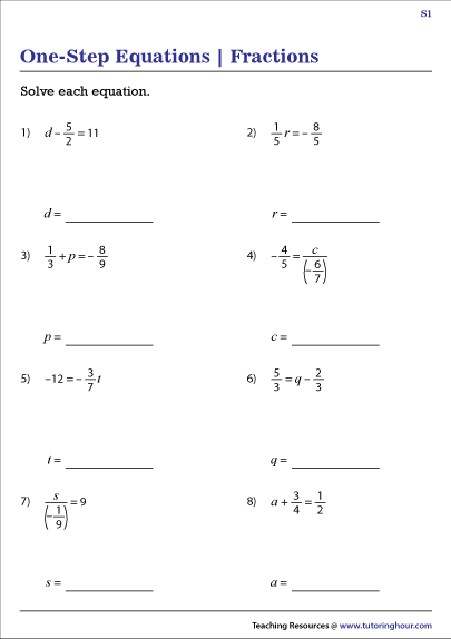 One Step Equations Worksheet With Fractions Equations Worksheets