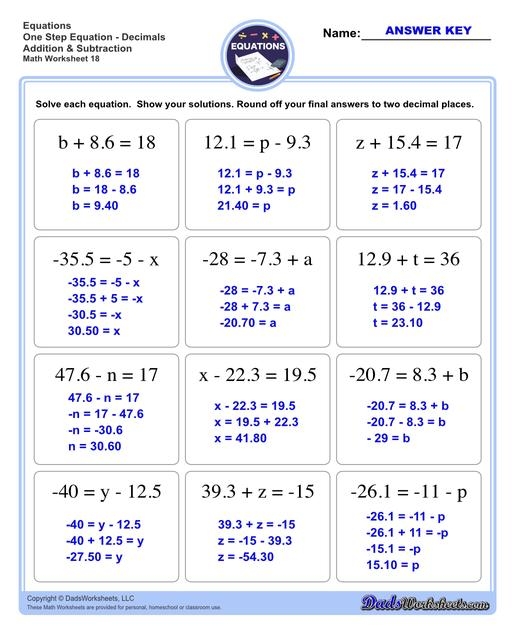 One Step Equations Worksheets Library