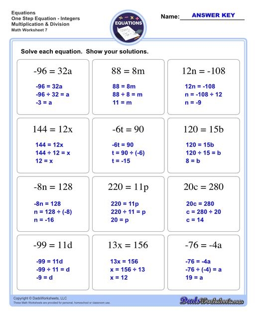 one step equation worksheet